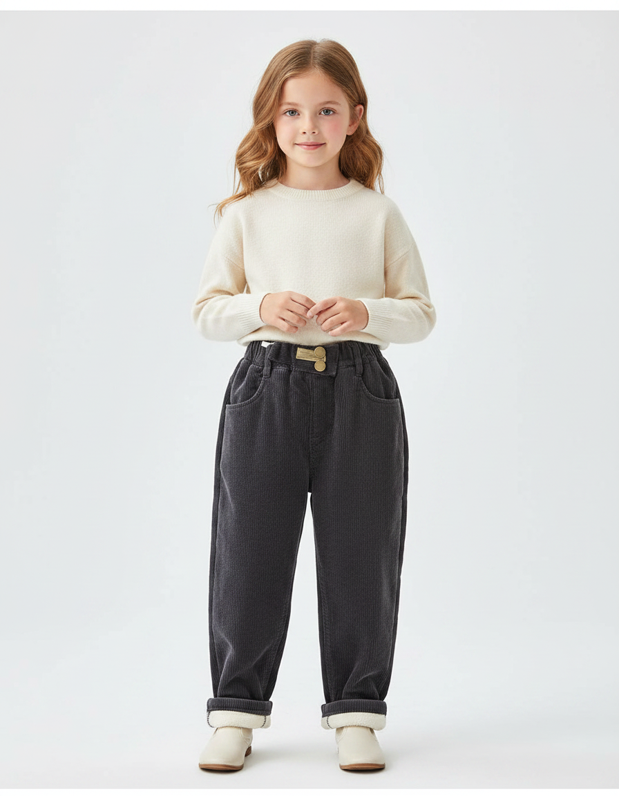 Pantalon Velours Gris Côtelé Doublé Chaud Enfant - Cordé