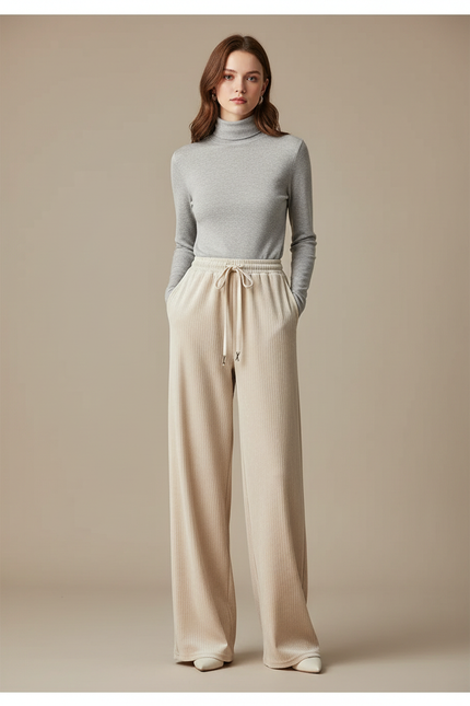 Pantalon Velours Femme Beige Large Côtelé Fin - Cordé