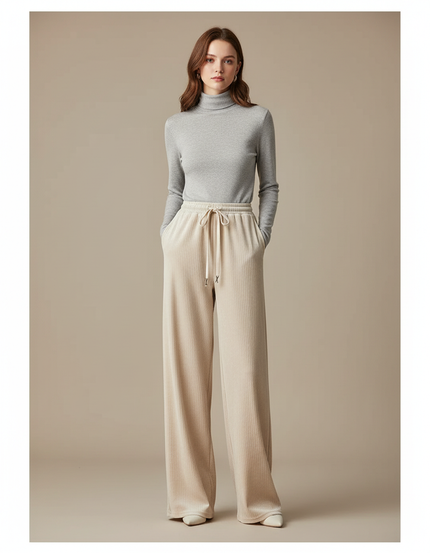 Pantalon Velours Femme Beige Large Côtelé Fin - Cordé