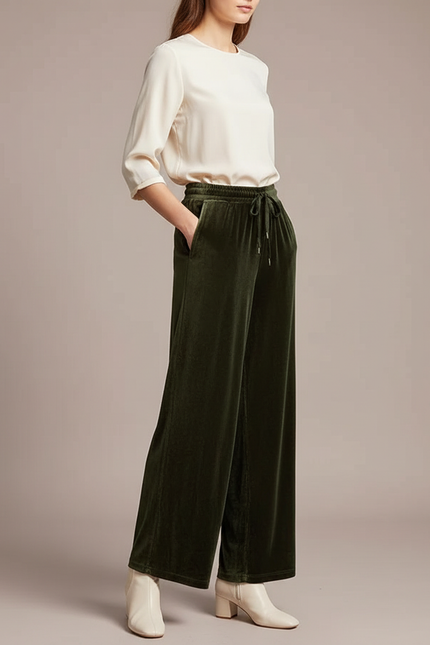 Pantalon Velours Vert Ample Droit Élégant Femme