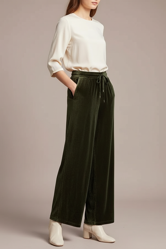 Pantalon Velours Vert Ample Droit Élégant Femme