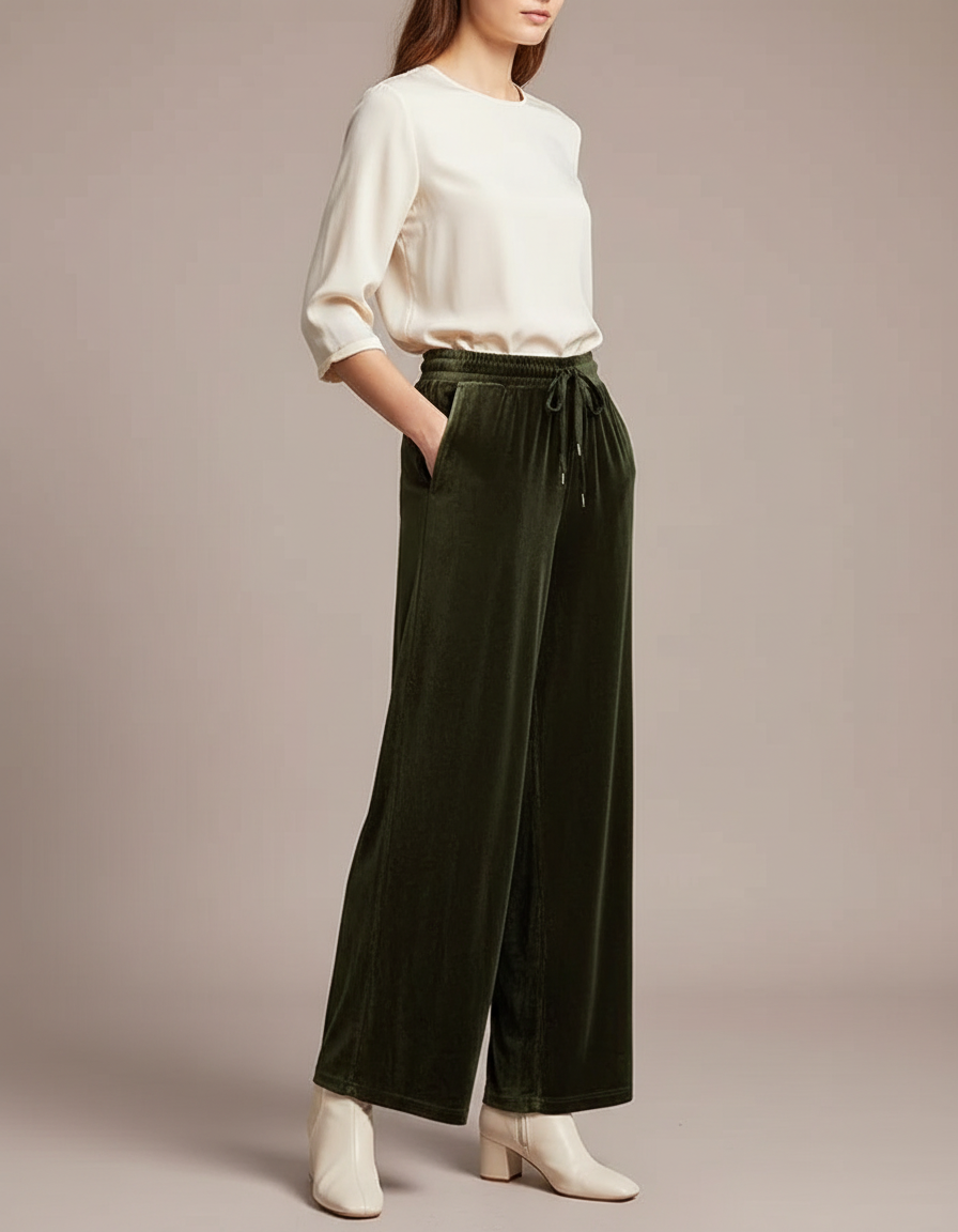 Pantalon Velours Vert Ample Droit Élégant Femme