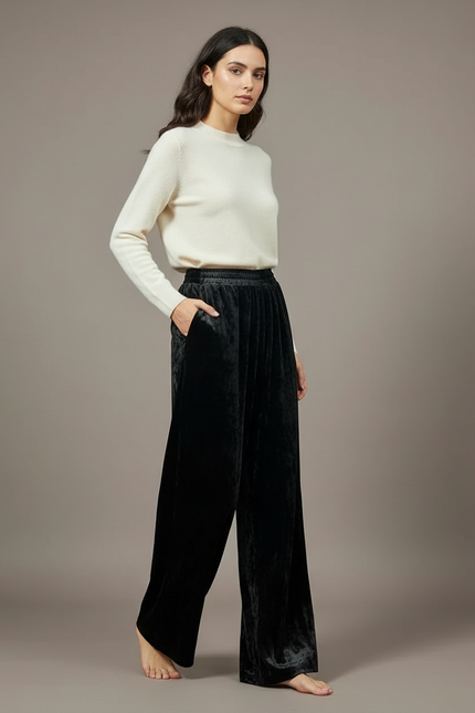 Pantalon Velours Noir Ample Fluide Élégant Femme
