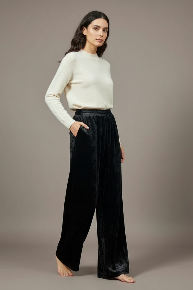 Pantalon Velours Noir Ample Fluide Élégant Femme