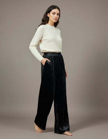 Pantalon Velours Noir Ample Fluide Élégant Femme