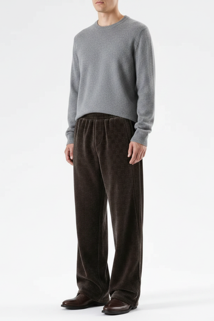 Pantalon Velours Marron Ample Motif Géométrique Doux