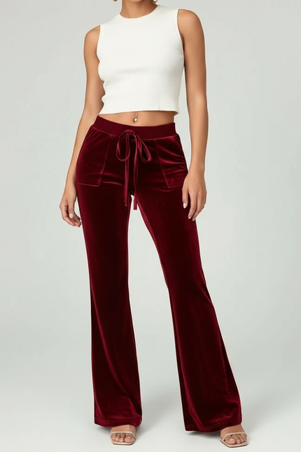 Pantalon Velours Bordeaux Évasé Cordon Taille Haute Femme