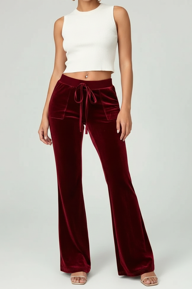Pantalon Velours Bordeaux Évasé Cordon Taille Haute Femme