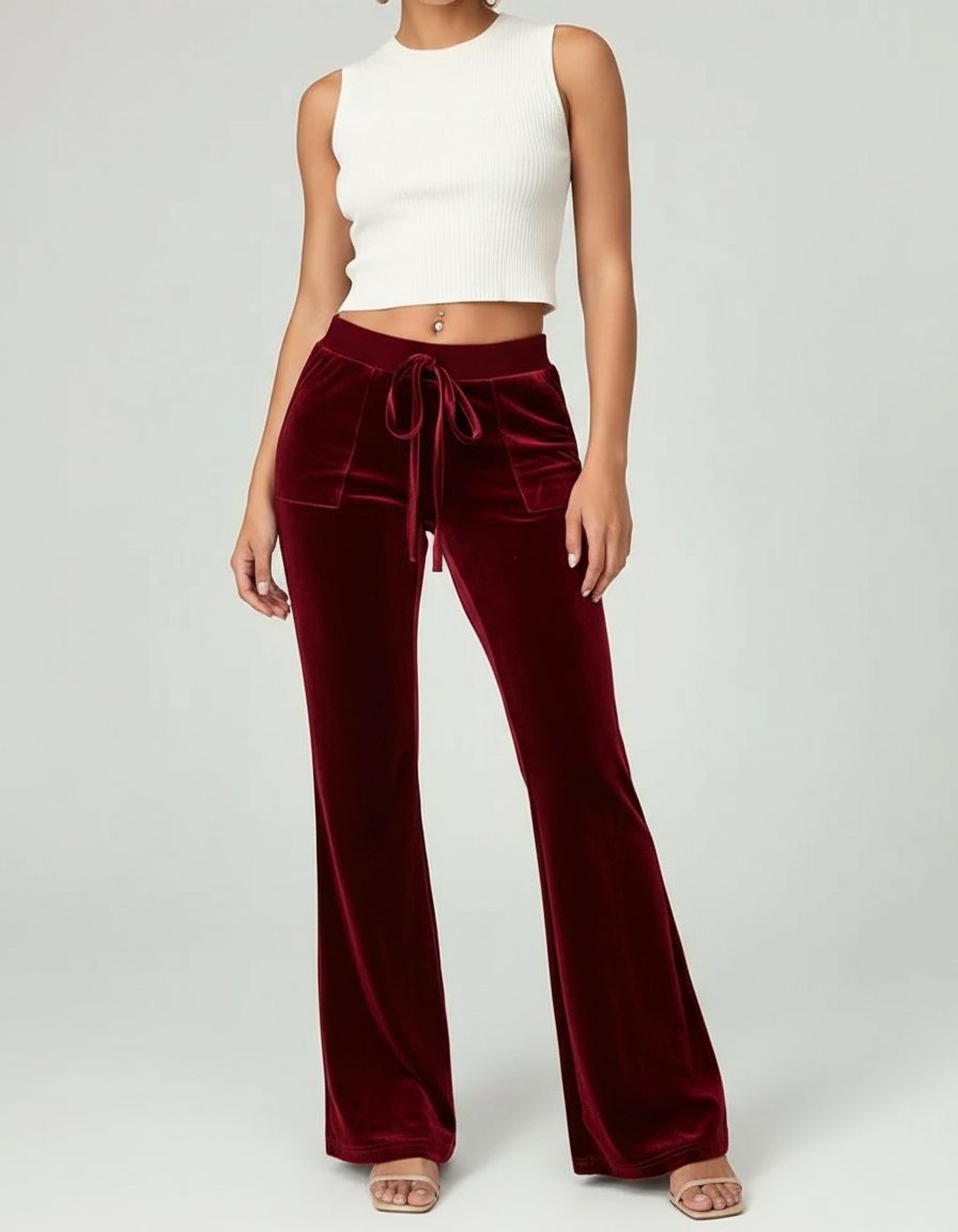 Pantalon Velours Bordeaux Évasé Cordon Taille Haute Femme