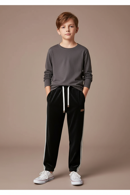 Pantalon Velours Noir Ample Décontracté Enfant - Cordé