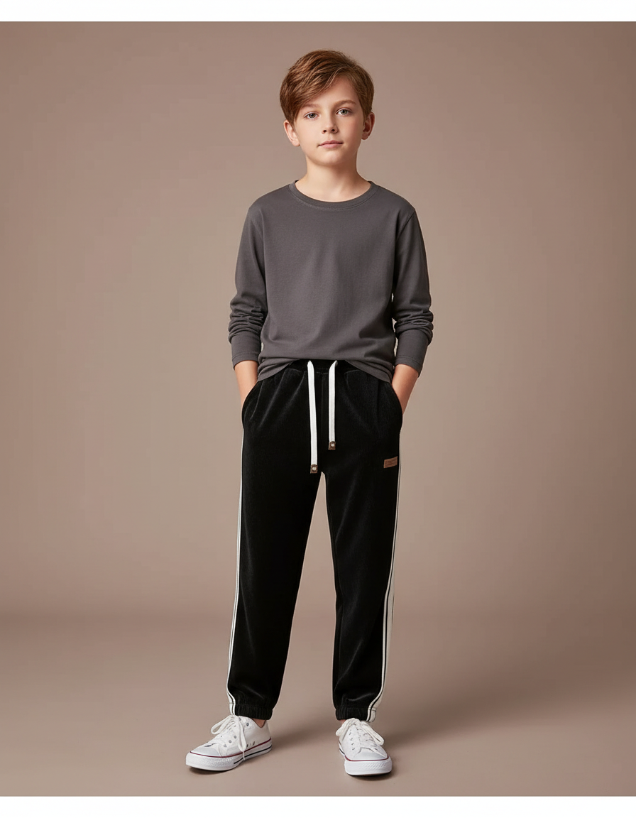 Pantalon Velours Noir Ample Décontracté Enfant - Cordé