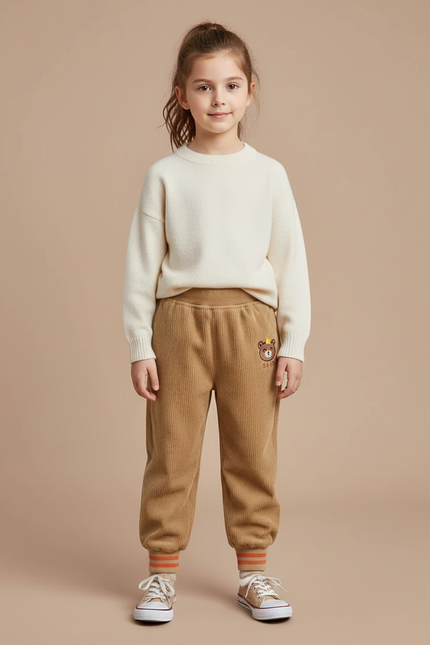Pantalon Velours Côtelé Marron Ample Doublé Ours Enfant - Camel Cordé