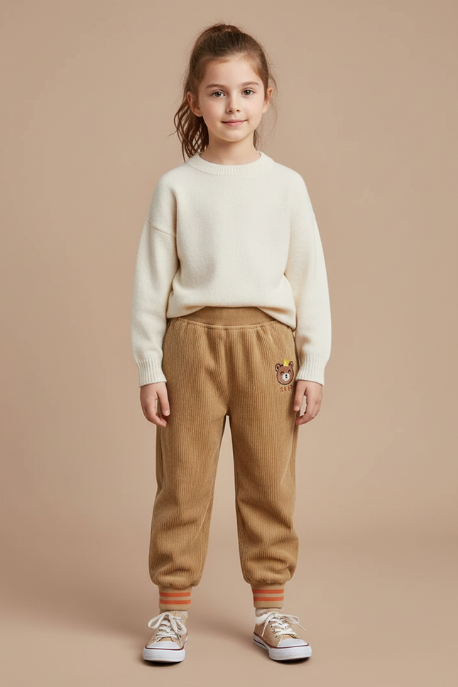 Pantalon Velours Côtelé Marron Ample Doublé Ours Enfant - Camel Cordé