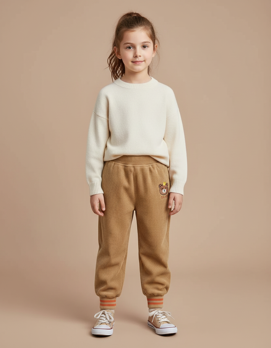 Pantalon Velours Côtelé Marron Ample Doublé Ours Enfant - Camel Cordé