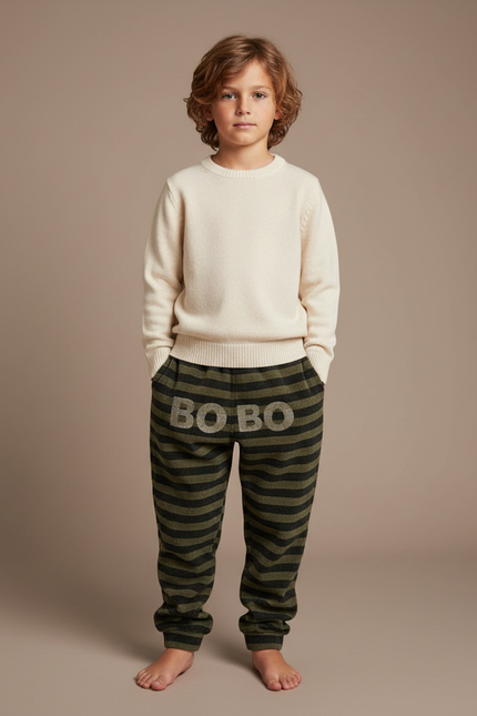 Pantalon Velours Rayé Vert Kaki Lettres Ample Enfant