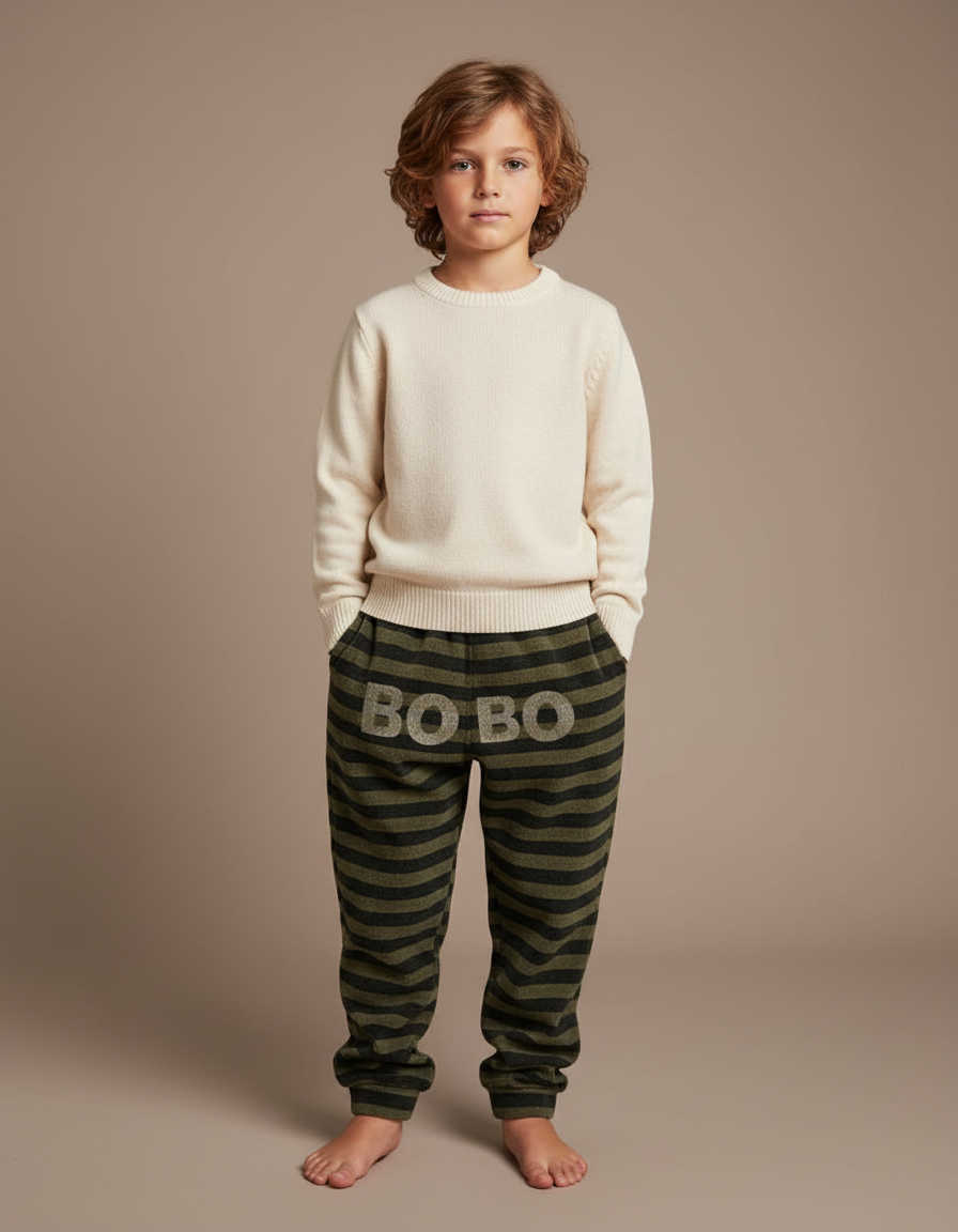 Pantalon Velours Rayé Vert Kaki Lettres Ample Enfant
