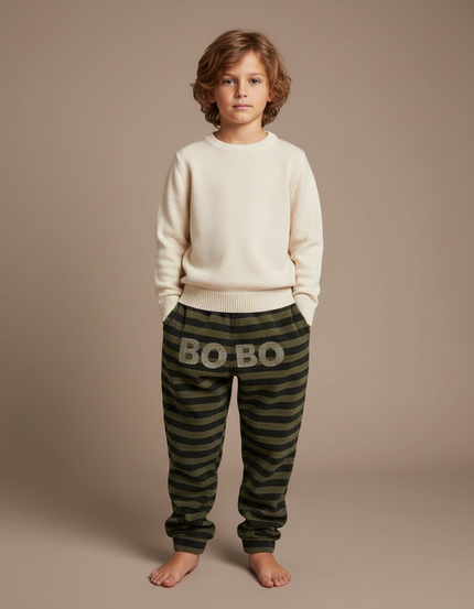Pantalon Velours Rayé Vert Kaki Lettres Ample Enfant