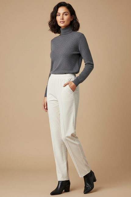 Pantalon Velours Crème Droit Décontracté Femme - Beige