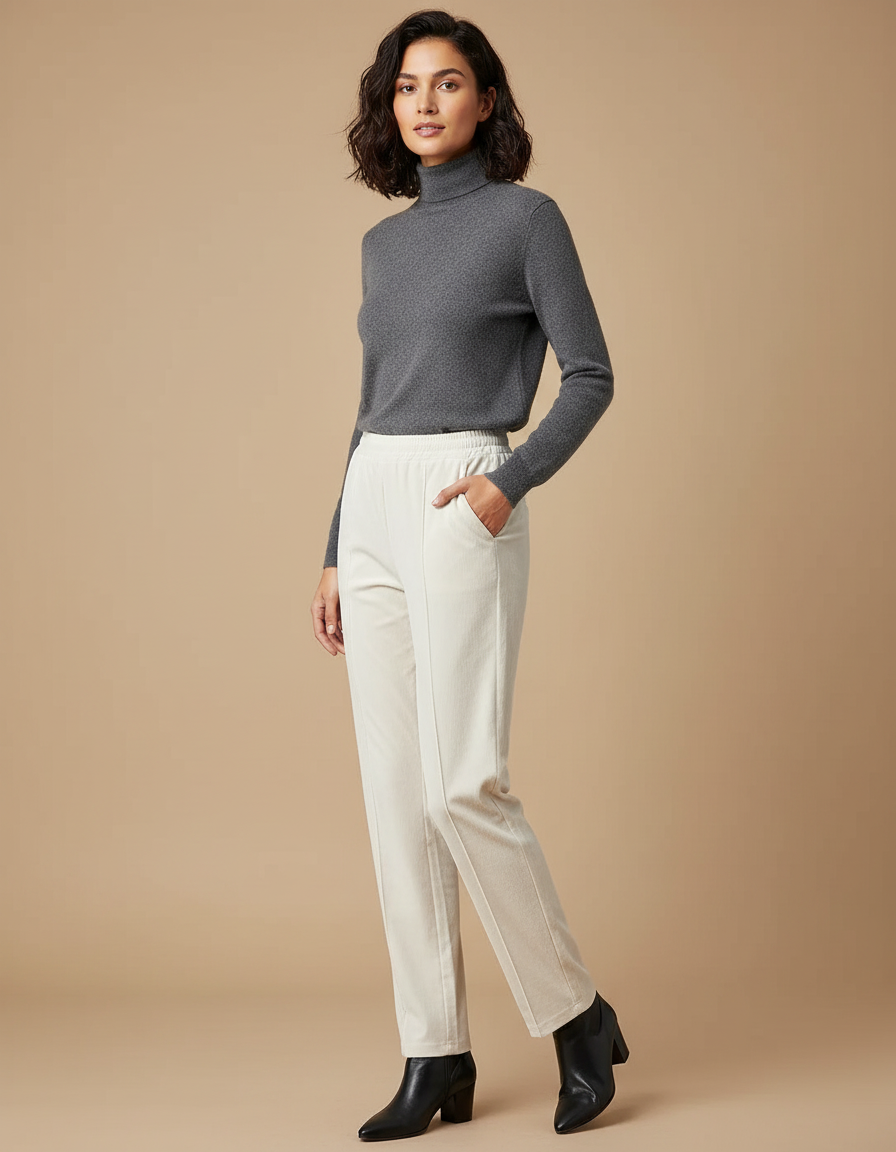 Pantalon Velours Crème Droit Décontracté Femme - Beige