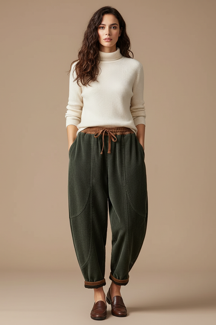 Pantalon Velours Côtelé Vert Ample Taille Élastique Femme