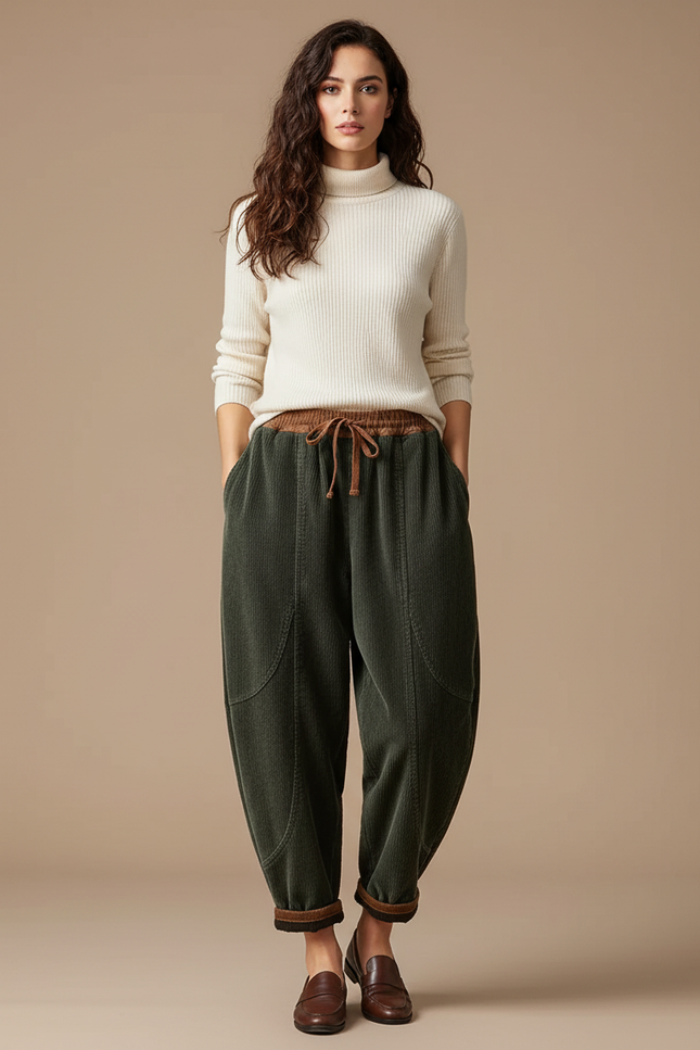 Pantalon Velours Côtelé Vert Ample Taille Élastique Femme