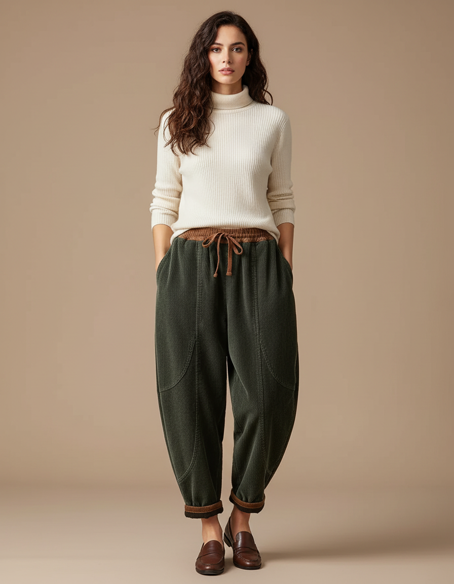 Pantalon Velours Côtelé Vert Ample Taille Élastique Femme