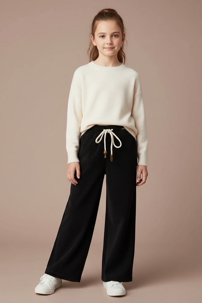 Pantalon Velours Côtelé Noir Ample Fille Décontracté - Cordé