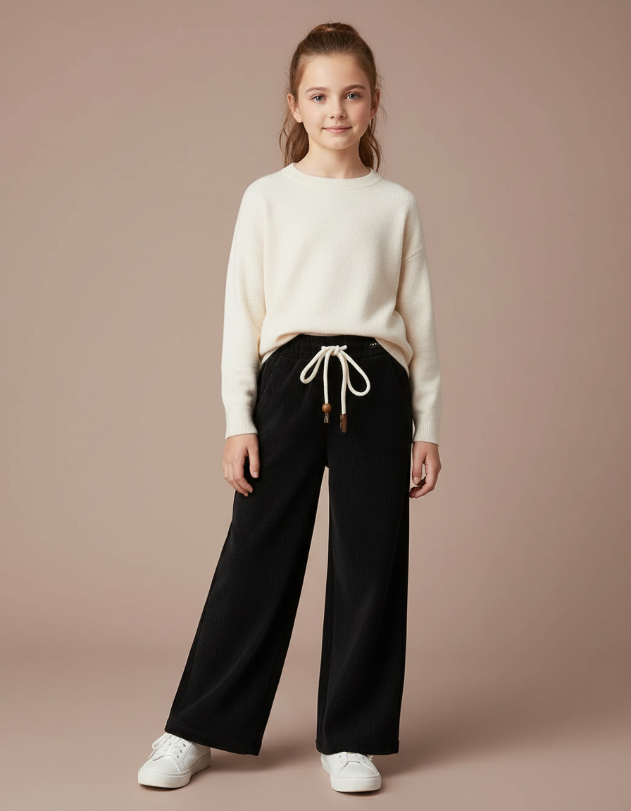Pantalon Velours Côtelé Noir Ample Fille Décontracté - Cordé