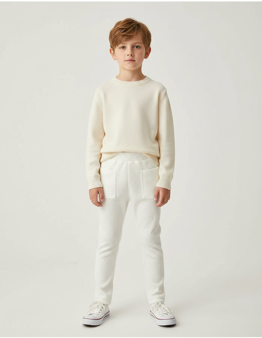 Pantalon Velours Côtelé Écru Enfant Slim Confortable - Beige Cordé