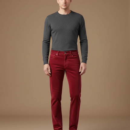 Pantalon Velours Rouge Côtelé Coupe Droite Élégant Homme - Cordé