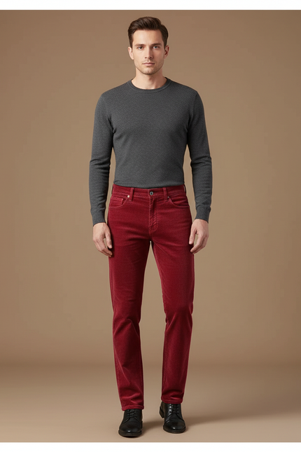 Pantalon Velours Rouge Côtelé Coupe Droite Élégant Homme - Cordé