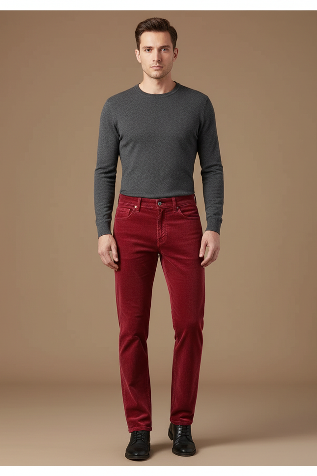 Pantalon Velours Rouge Côtelé Coupe Droite Élégant Homme - Cordé