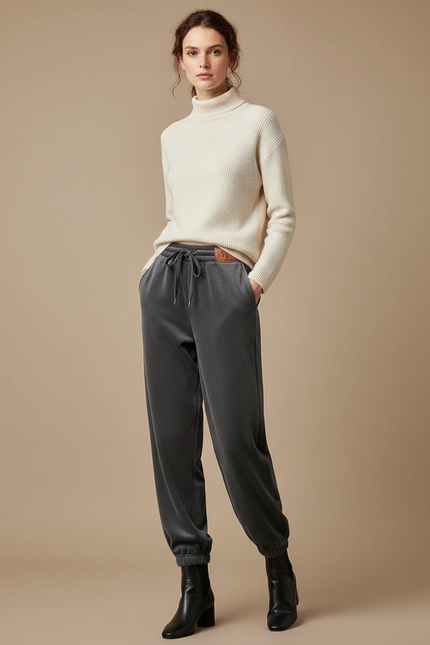 Pantalon Velours Gris Cordon Ample Décontracté Femme