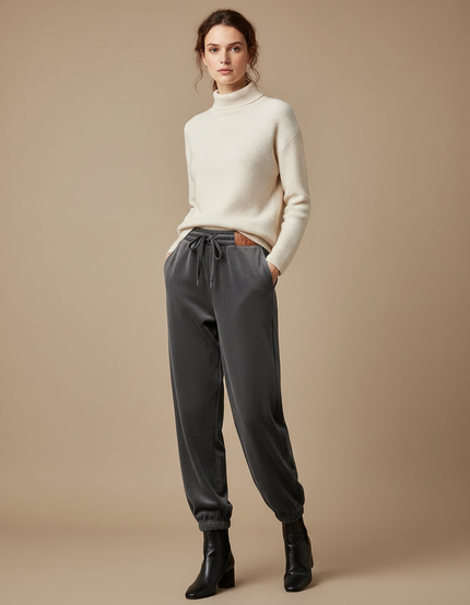 Pantalon Velours Gris Cordon Ample Décontracté Femme