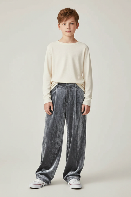 Pantalon Velours Gris Plissé Ample Enfant Décontracté