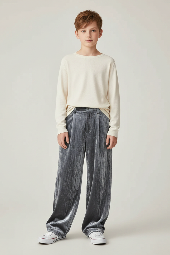 Pantalon Velours Gris Plissé Ample Enfant Décontracté