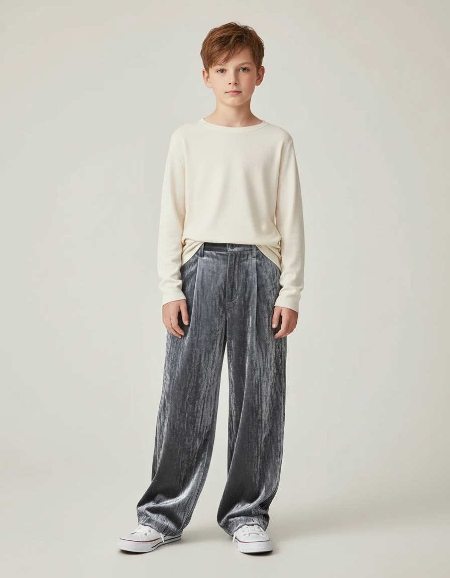 Pantalon Velours Gris Plissé Ample Enfant Décontracté