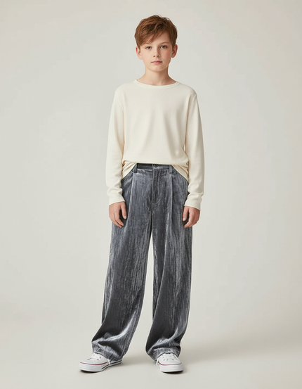 Pantalon Velours Gris Plissé Ample Enfant Décontracté