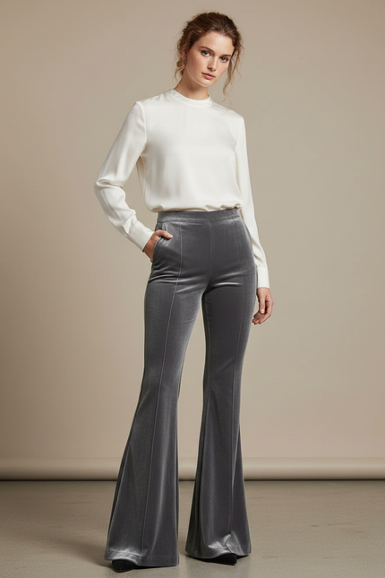 Pantalon Velours Gris Évasé Taille Haute Élégant