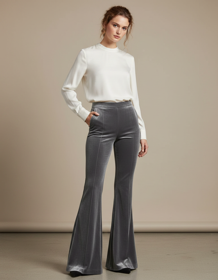 Pantalon Velours Gris Évasé Taille Haute Élégant