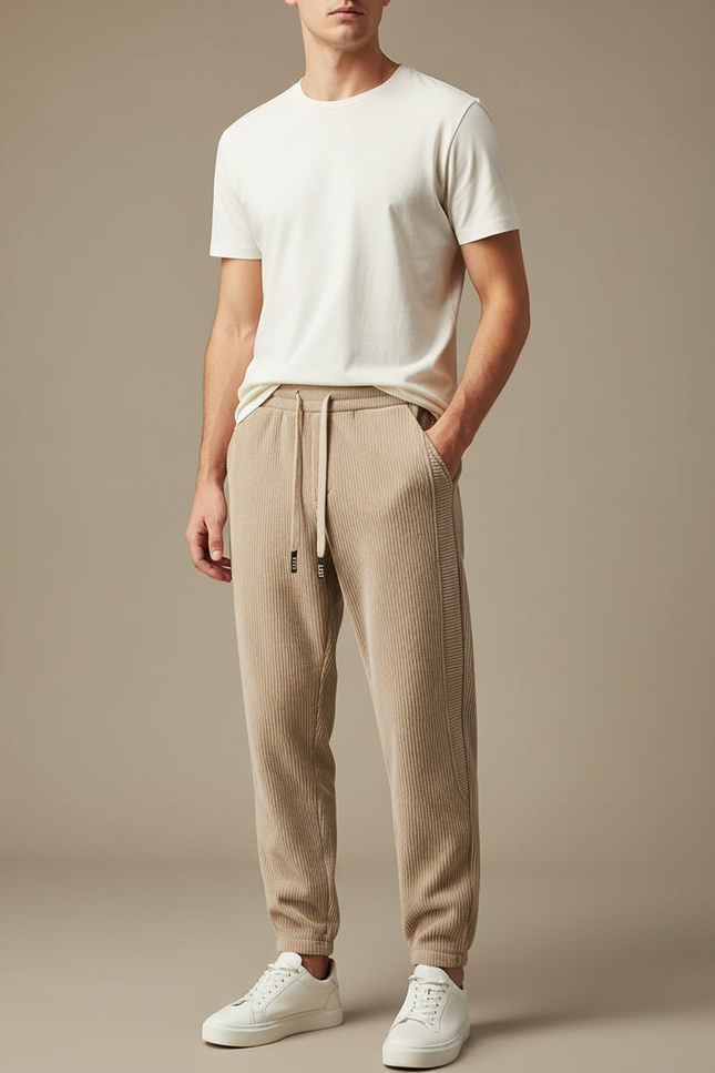 Pantalon Velours Côtelé Beige Décontracté Homme Ample - Cordé