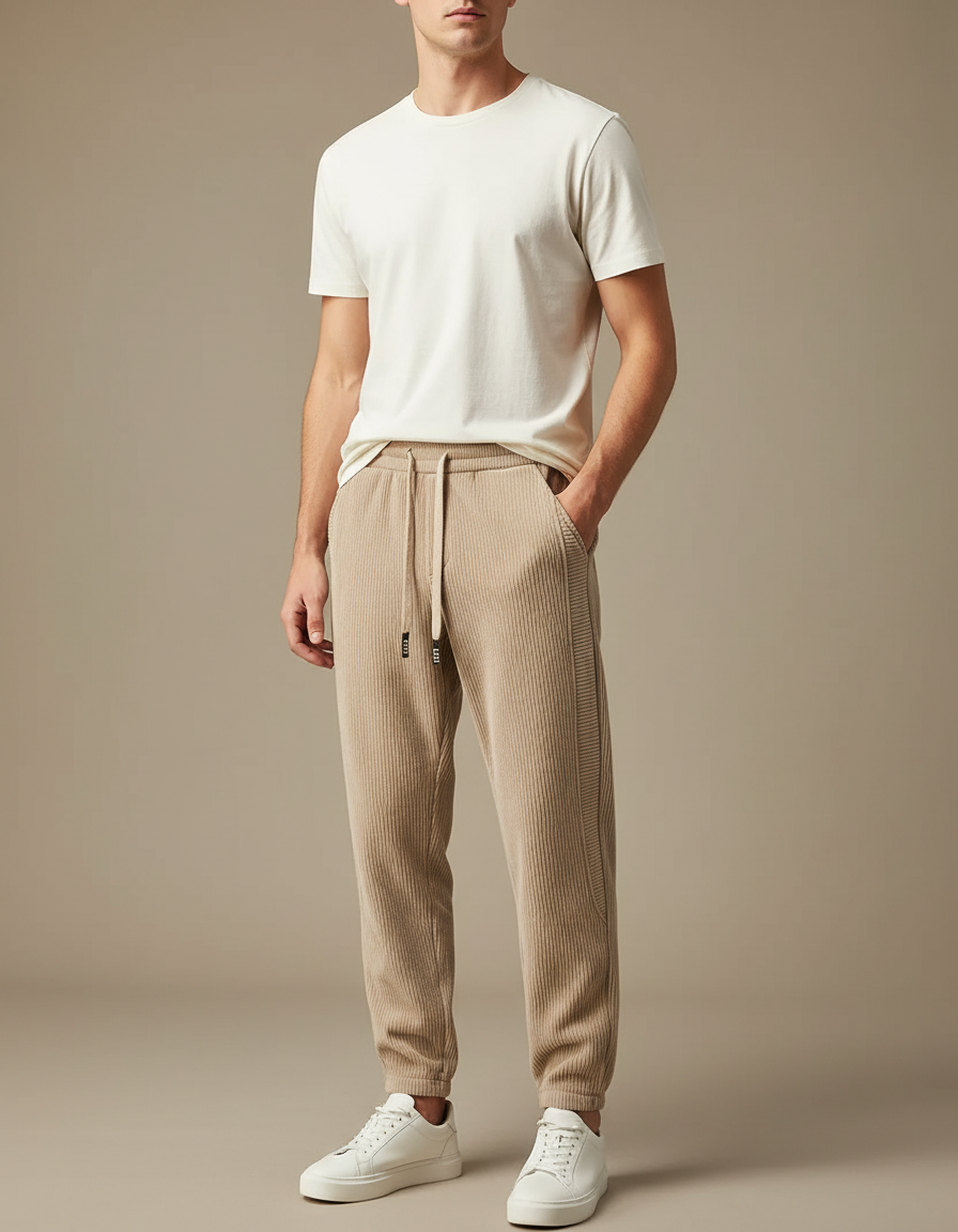 Pantalon Velours Côtelé Beige Décontracté Homme Ample - Cordé