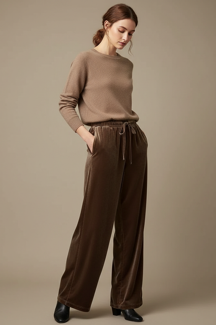 Pantalon Velours Marron Large Décontracté Femme Élégant