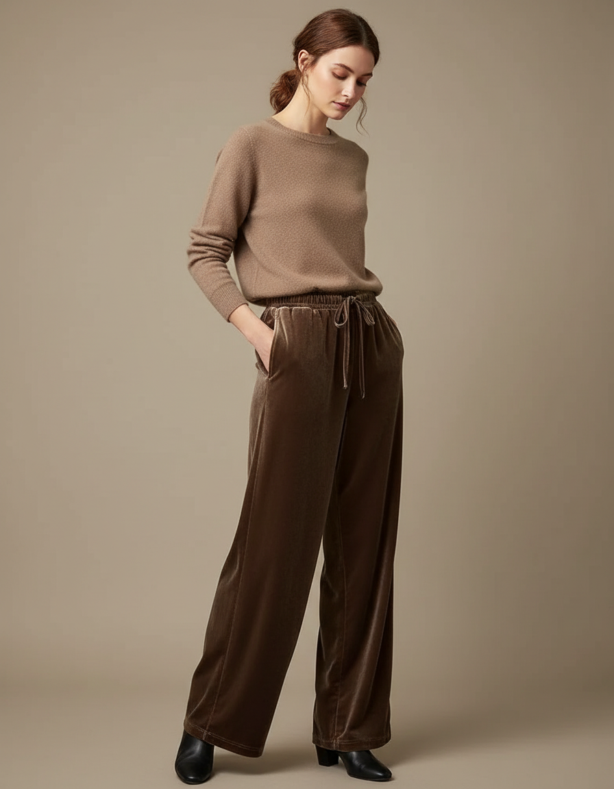 Pantalon Velours Marron Large Décontracté Femme Élégant