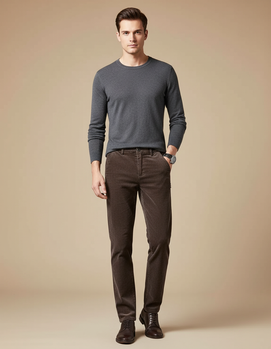 Pantalon Velours Côtelé Marron Slim Homme Chic - Cordé