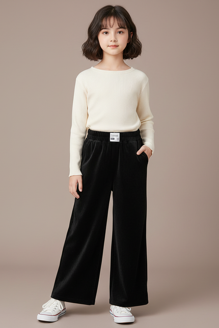 Pantalon Velours Noir Ample Décontracté Fille