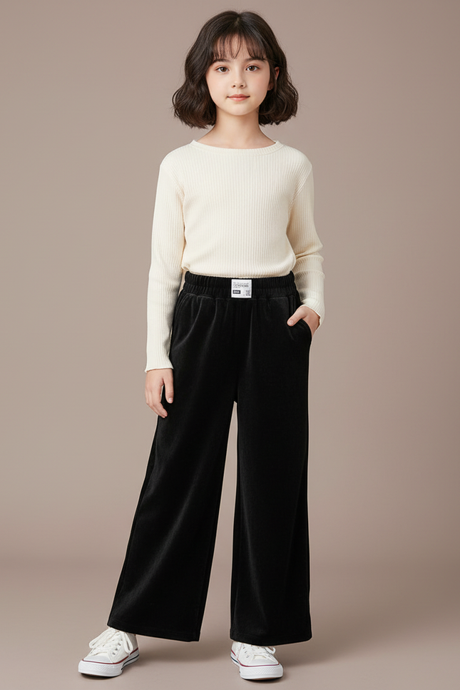Pantalon Velours Noir Ample Décontracté Fille