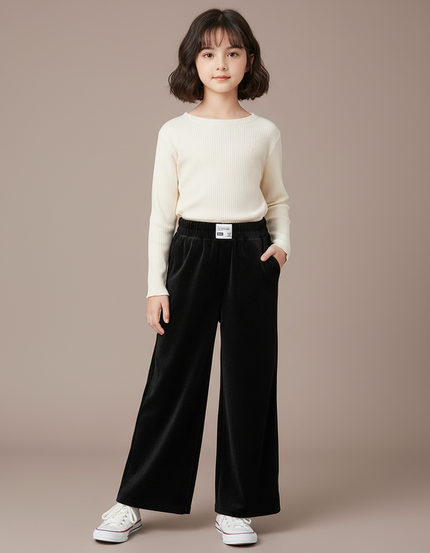 Pantalon Velours Noir Ample Décontracté Fille
