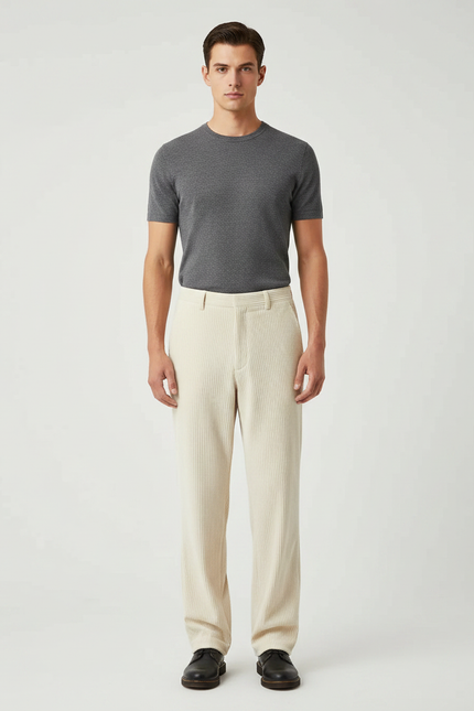 Pantalon Velours Côtelé Crème Ample Décontracté Homme - Beige Cordé