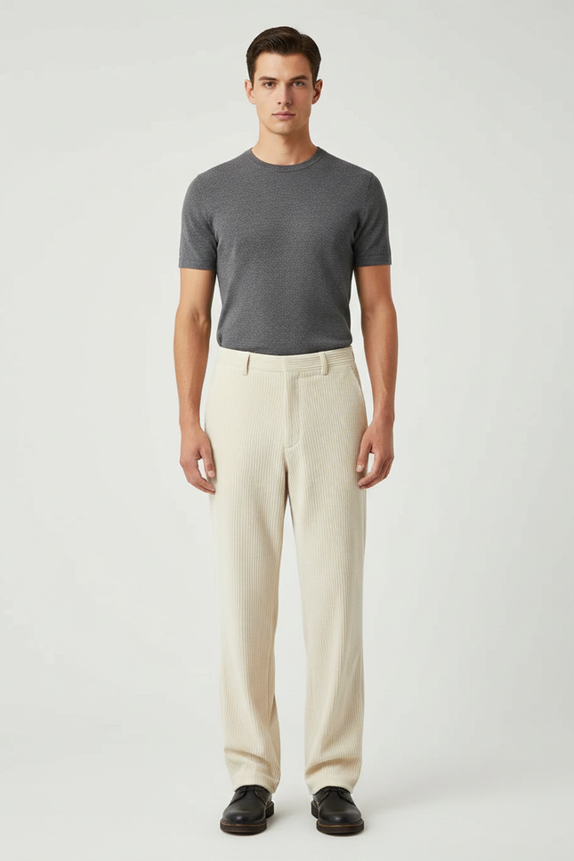 Pantalon Velours Côtelé Crème Ample Décontracté Homme - Beige Cordé
